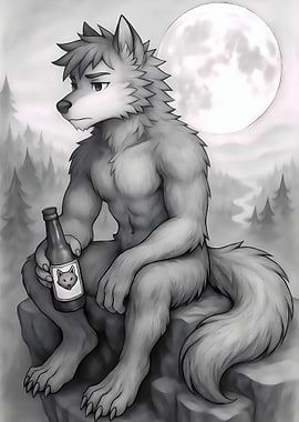 Sad Wolfman with Beer Under Moonlight