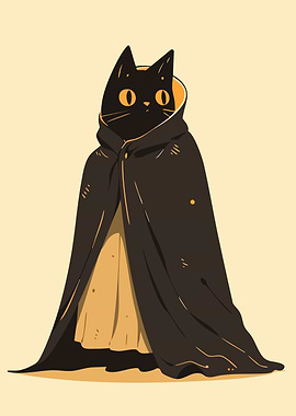 Cute Black Cat in Cloak Minimalist Art Illustration
