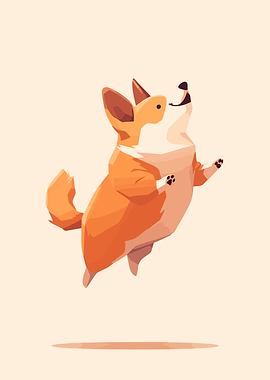 Cute Happy Jumping Corgi Funny Minimalist Dog Art Illustration