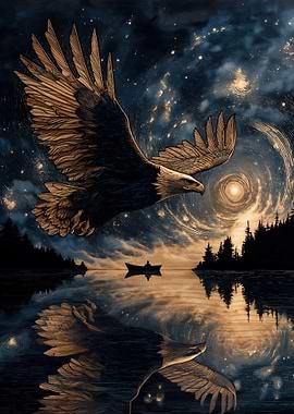Eagle soars over lake night