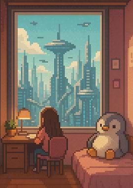 Pixel Art Room with Futuristic View