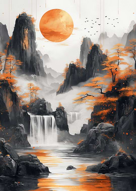 Orange Sun Over Mountain Waterfall Landscape