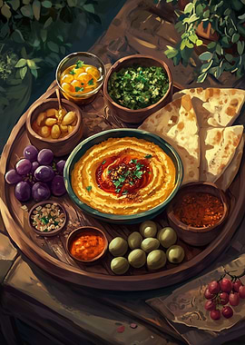 Hummus and Mezze Platter Still Life