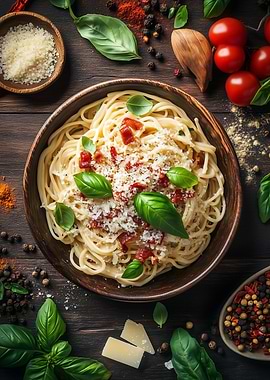 Spaghetti Carbonara with Basil and Cheese