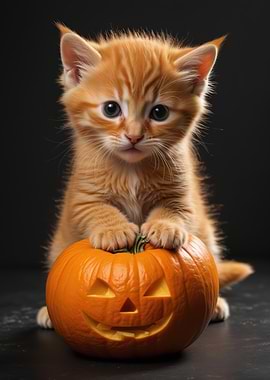 Kitten with Halloween Pumpkin