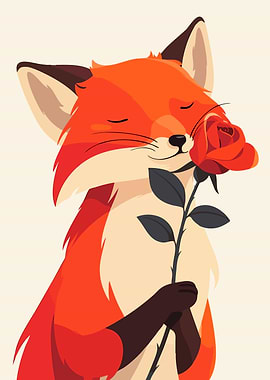 Fox with Rose Cute Minimalist Art Illustration