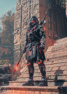 Futuristic Warrior on Ancient Steps