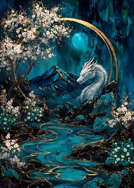 White Dragon in Teal Landscape