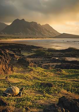 Galapagos Turtle on Beach Landscape
