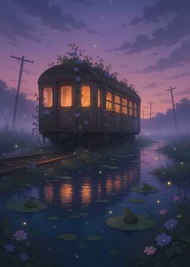 Overgrown Train Car in Dreamy Landscape