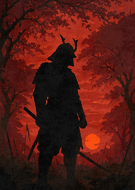 Silhouette of a Samurai in Red Forest