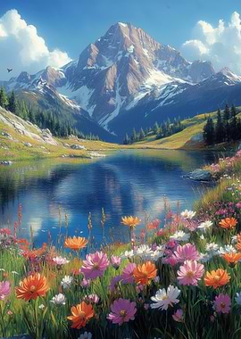 Mountain Lake with Wildflowers