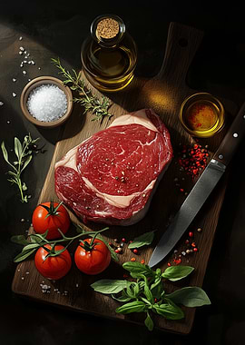 Raw Steak with Fresh Ingredients