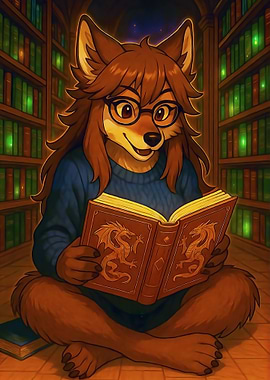 Wolf Reading in Library