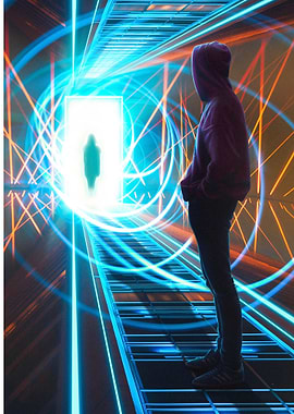 Hooded Figure in Futuristic Corridor