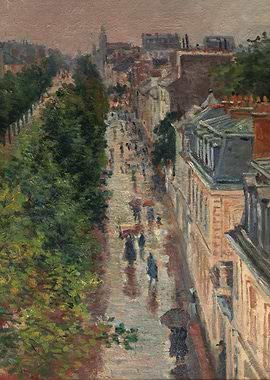 Impressionist Rainy City Street Scene Painting