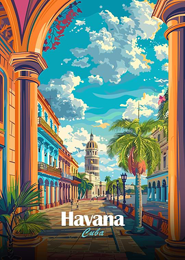 Colorful Havana Cuba Cityscape Illustration