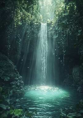 Luminous Waterfall in Lush Jungle