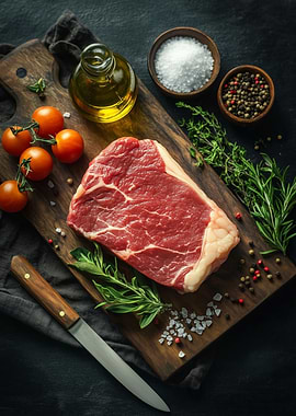 Raw Steak with Ingredients on Board