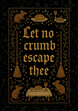 'Let No Crumb Escape Thee' Funny Kitchen Dining Room Medieval Poster Art Minimalist Illustration