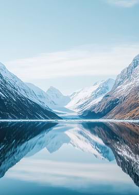 Snowy Mountains Reflected in Calm Lake
