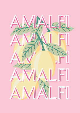Amalfi Coast Italy Poster Lemons Pink Background