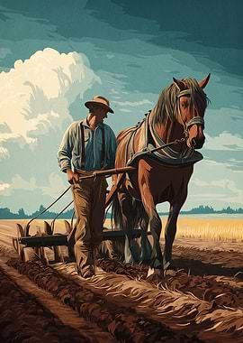 Horse-Drawn Plow in Field