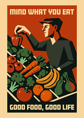 'Mind What You Eat' Healthy Food Propaganda Poster Art Illustration