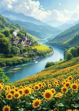 Sunflower field by river and village