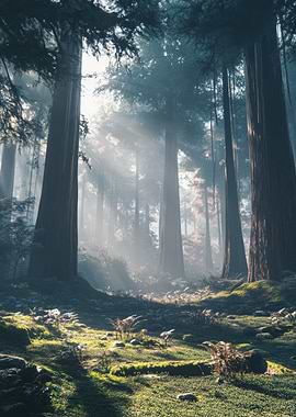 Sunlit Forest with Towering Trees