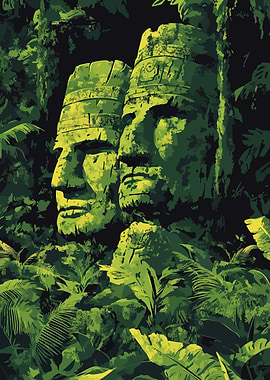 Mysterious Jungle Statues Fantasy Art Illustration