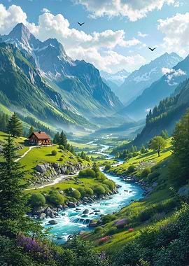 Mountain valley cottage by a river