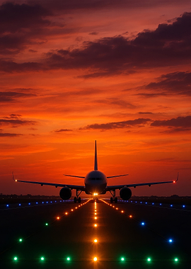 Airplane on Runway at Sunset