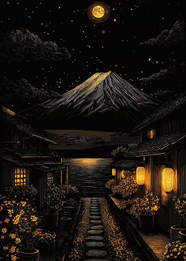 Nighttime Japanese Village with Mount Fuji