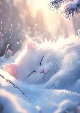 Cute White Persian Cat Sleeping in Winter Snow - Adorable Feline Portrait Art