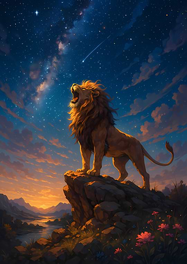 Roaring Lion Under Starry Night Sky