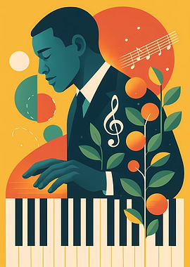 Jazz Pianist with Floral and Musical Motifs
