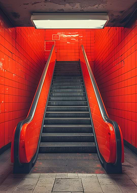Red Escalator in Subway Station