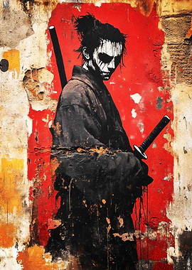 Samurai Warrior on Distressed Wall