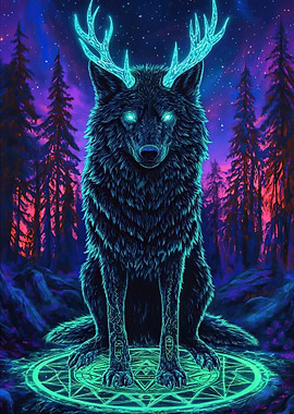 Mystical Wolf Antlers Forest