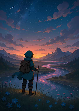 Wanderer Watching the Sunset Landscape