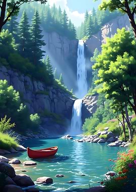 Scenic Waterfall Landscape with Red Boat