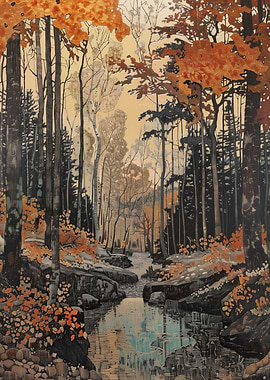 Autumn Forest Stream Painting