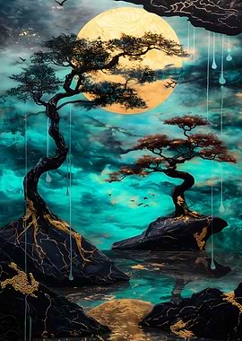 Zen Garden with Golden Moon