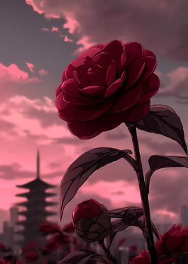 Red Camellia with Pagoda Background
