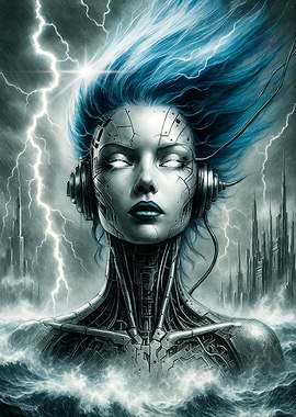 Cybernetic Woman in Stormy Sea