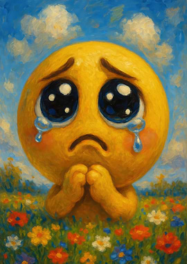 Pleading Emoji in a Flower Field