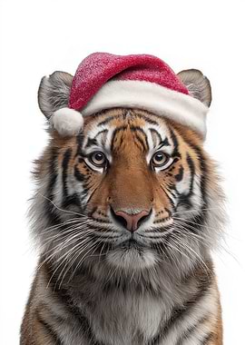 Christmas Tiger wearing a Santa hat
