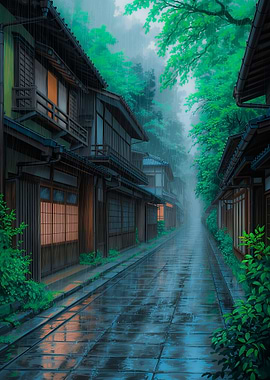 Monsoon Alley – A Rain-Soaked Japanese Street in the Mist