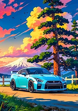 Blue Nissan GT-R Landscape Art
